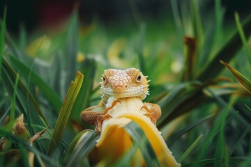 Wall Mural - ai-generated illustration of a tiny yellow lizard munching on a banana amidst green foliage in grass