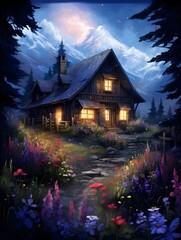 Poster - AI generated illustration of a painting of a wooden cabin with many flowers surrounding it