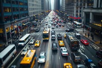 Wall Mural - A high-angle view of a bustling city street with a mix of cars, buses, and pedestrians