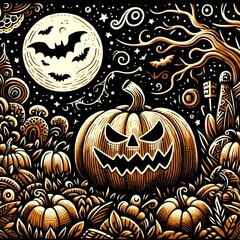 Sticker - a woodcut painting of a pumpkin surrounded by pumpkins