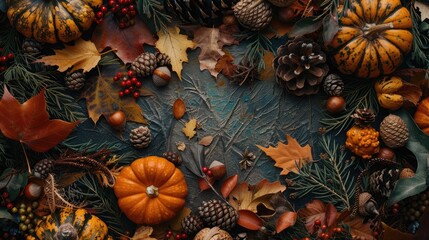 Wall Mural - Top view of autumn themed holiday frame with pumpkins dried leaves berries pinecones and acorns Thanksgiving day harvest autumn and fall background