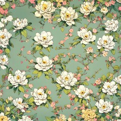 Sticker - AI-generated illustration of Colorful flowers and leaves on green wallpaper