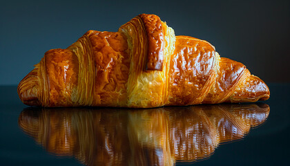 Wall Mural - AI-generated illustration of a big croissant on a reflective dark table against a dark backdrop