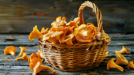 Wall Mural - A basket filled with vibrant orange chantarelle mushrooms on a wooden surface, celebrating the bounty of nature and the freshness of wild harvest.