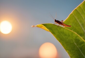 Sticker - an insect is sitting on a green leaf with the sun behind it