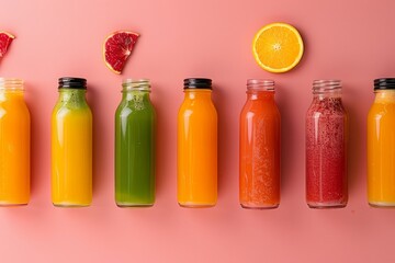 Wall Mural - A vibrant selection of freshly squeezed juices in glass bottles arranged in a row on a pink background