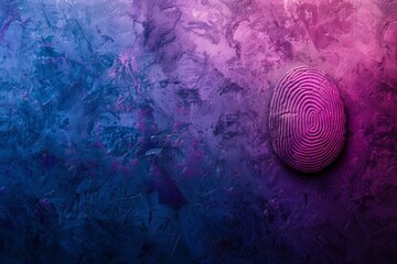 Wall Mural - A close-up image of a digital biometric fingerprint rendered in 3D, set against a textured blue and purple gradient background. The image offers ample copy space to the right