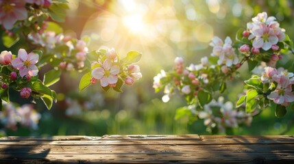 Sticker - Spring background with a wooden table and apple blossoms in the garden.