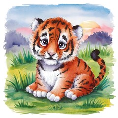 Wall Mural - AI generated illustration of an adorable painting of a small tiger cub