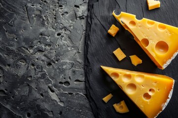 Wall Mural - Two wedges and several small pieces of Maasdam cheese on a black slate background, creating a simple yet elegant image