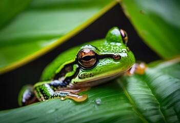 Canvas Print - the frog sits on the leaves of a plant in the dark