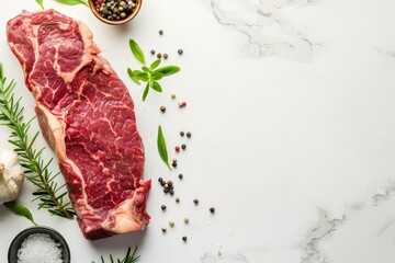 Wall Mural - A close-up of a raw ribeye steak, surrounded by fresh herbs, peppercorns, and a pinch of salt. The image is captured on a white marble background, showcasing the quality of the meat