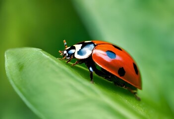 Poster - red and black colored insect on green leaf with green background