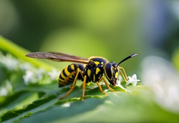 Canvas Print - a large yellow black and white striped wasp on green leaf