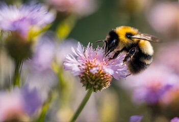 Poster - a bee sitting on top of a purple flower next to flowers