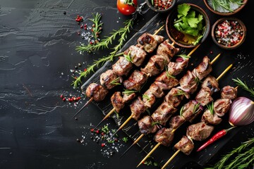 Poster - An overhead view of grilled mutton kebabs on skewers, arranged on a black wooden table with rosemary sprigs, red peppercorns, and red chili pepper