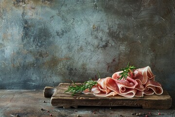 Sticker - A close-up of thinly sliced prosciutto arranged on a rustic wooden cutting board with copy space to the left