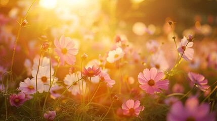 Wall Mural - flowers on a sunny day at sunset, beautiful floral background stock photo