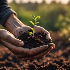 Poster - a person holding small plant in a hand on dirt with a forest and sunlight in