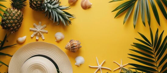 Sticker - Summer Aesthetics: Tropical palm leaves, hat, pineapple, coconut, and sea shells on a vibrant yellow backdrop. Embracing the essence of summer with a flat lay composition