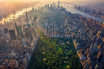 Wall Mural - AI-generated illustration of the New York skyline with Central Park at sunset