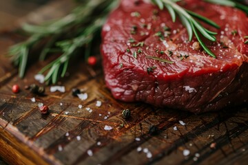 Sticker - AI-generated illustration of a raw steak on a wooden board with salt, pepper, and rosemary