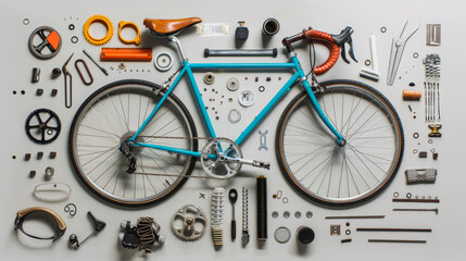 Sticker - Overhead shot of a blue bicycle assembled with precision, surrounded by neatly arranged tools and bicycle parts on a white background.