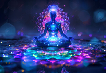 A glowing figure in lotus position with chakra lights, surrounded by floating geometric patterns and ethereal light effects. Set against a dark blue background with neon colors