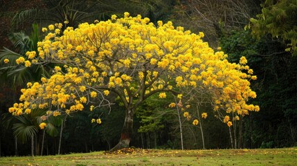 Wall Mural - A tree bearing yellow blossoms stands prominently in the front its blooms vibrant and surrounded by additional trees in the vicinity