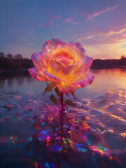 Sticker - AI generated illustration of a stunning sunset reflected in water with flower silhouette