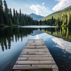 Wall Mural - AI generated illustration of a serene lake reflecting the surrounding pine trees and mountains