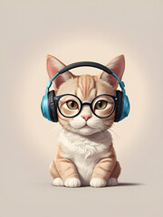 Poster - AI generated illustration of a cute kitten with sunglasses and headphones lounging on the floor