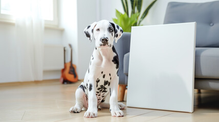 Poster - AI generated illustration of a whiteboard with cute dog and potted plant