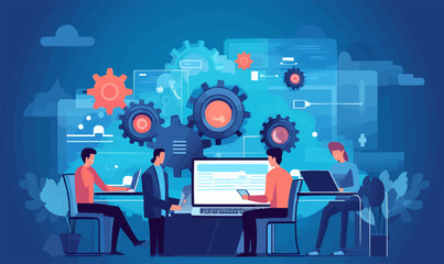 software development programming, professional software with computer support management cycle laptop vector illustration