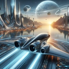 Wall Mural - a futuristic looking plane traveling through space over a large city