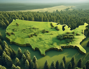 USA map made from grass and trees. Environmental strategy decoration