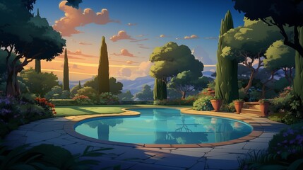 Wall Mural - A serene backyard pool surrounded by lush greenery at sunset, offering a tranquil and picturesque view