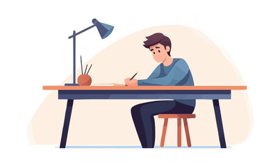 student sitting behind school desk vector flat isolated illustration