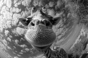 Sticker - AI generated illustration of a close-up black and white shot of a giraffe under a cloudy sky