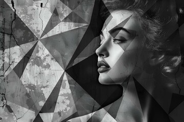 Wall Mural - AI generated illustration of a monochrome image of a woman against a geometric background
