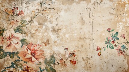 Wall Mural - Retro wallpaper background with faded floral patterns and peeling corners. 