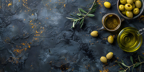 Wall Mural -  a vibrant display of olives and herbs on a textured dark surface.