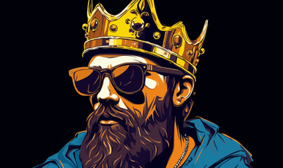 Wall Mural - bearded man with crown and glasses, hip hop style hipster beard king vector