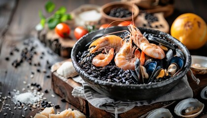 Savory Seafood Black Risotto: A Close-Up Feast on a Wooden Table