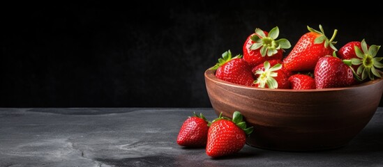 Copy space image featuring the finest juicy raw strawberries arranged on a dark stone slate with a wooden bowl on top against a black background