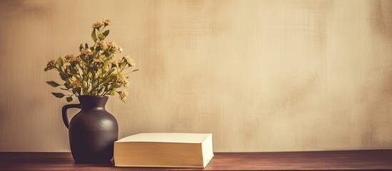 Poster - Vintage filter enhances the aesthetic of a table featuring a blank notepad and a flower pot leaving space for desired imagery. copy space available