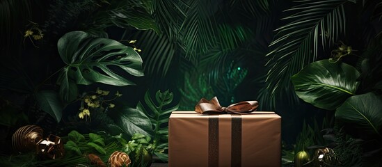 Wall Mural - Wrap the gift box using a combination of craft paper tropical leaves and glitter for a unique and creative decoration idea with copy space image