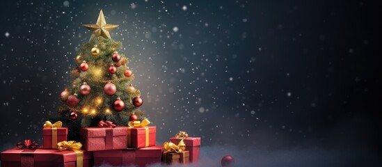 Fototapete - Decorative Christmas tree with gift box and ornaments on a colorful background Copy space image