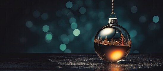 Aufkleber - Christmas tree with a bauble hanging creating a beautiful decor concept The bauble is illuminated by sparkling lights against a dark black background Close up macro detail Copy space image