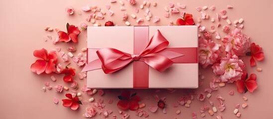 Poster - Valentines day mothers day womens day concept Gift box with red bows and flowers on a pink background Flat lay top view copy space